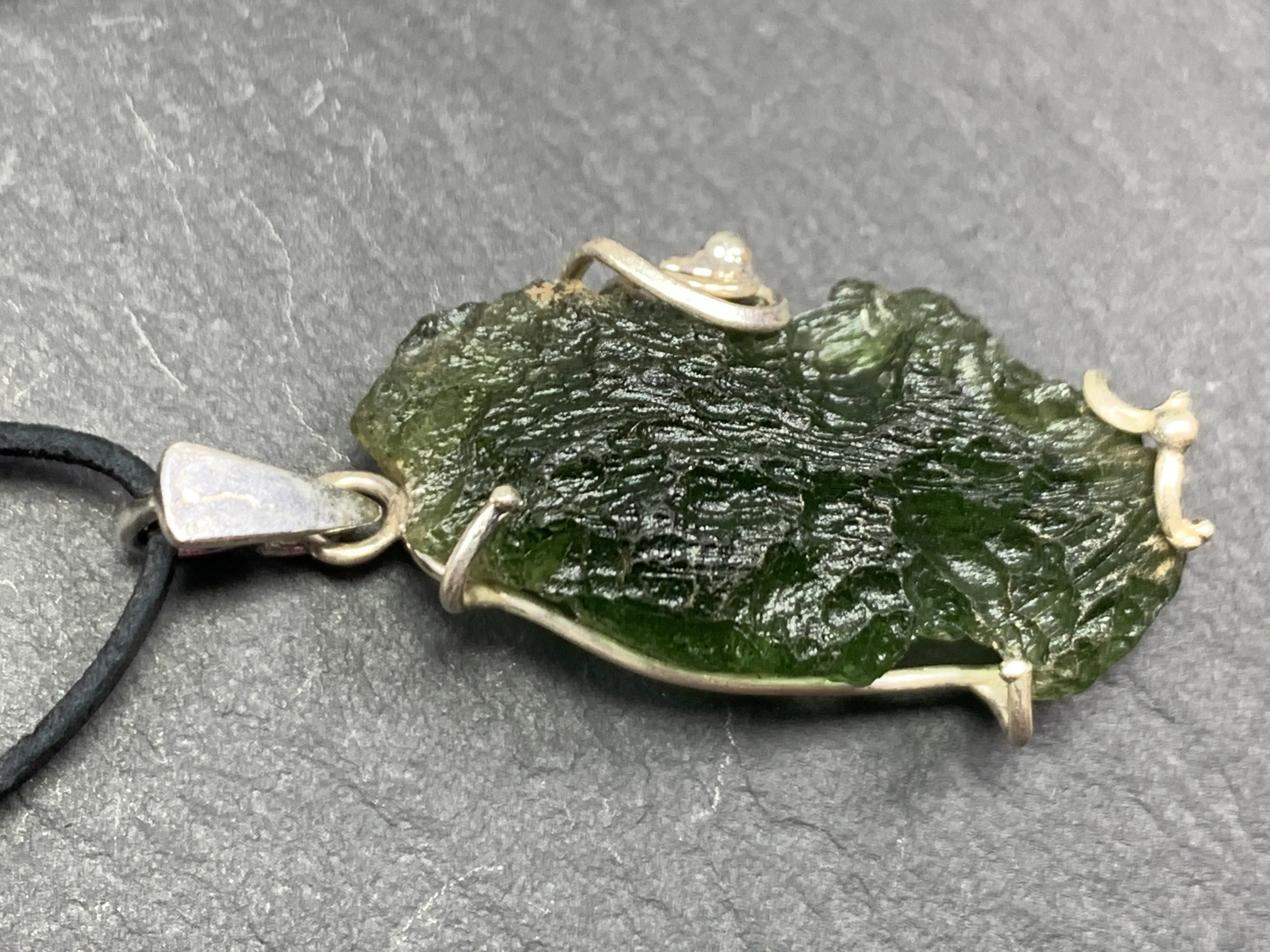 Raw Moldavite pendant in Sterling Silver