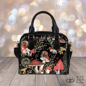 Red Mushrooms Handbag, Black Bowler Bag Purse