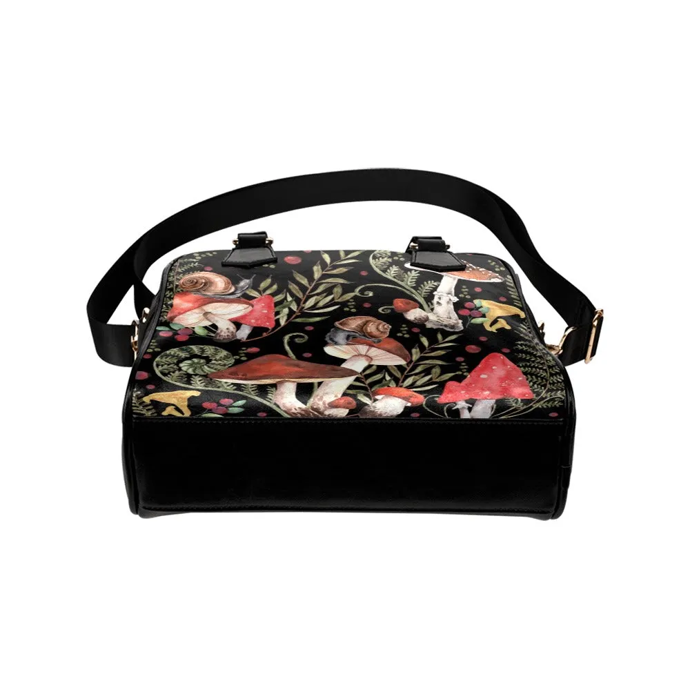 Red Mushrooms Handbag, Black Bowler Bag Purse