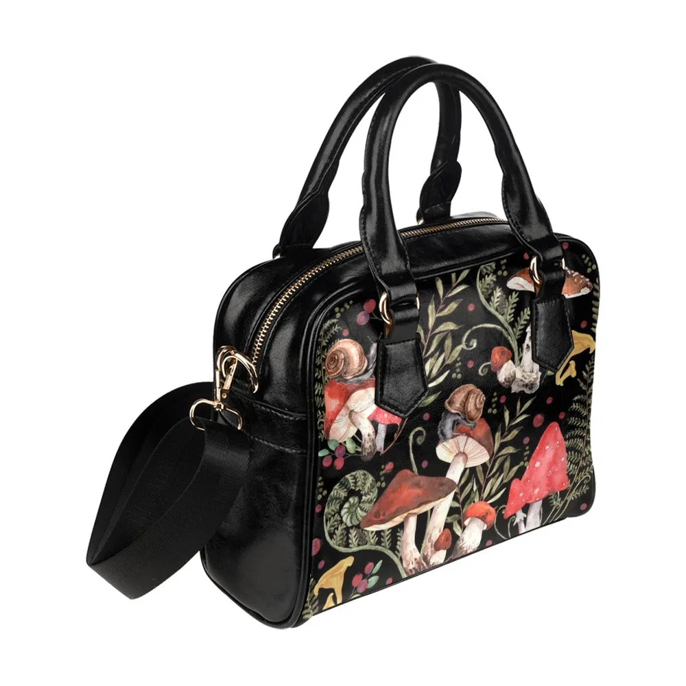 Red Mushrooms Handbag, Black Bowler Bag Purse