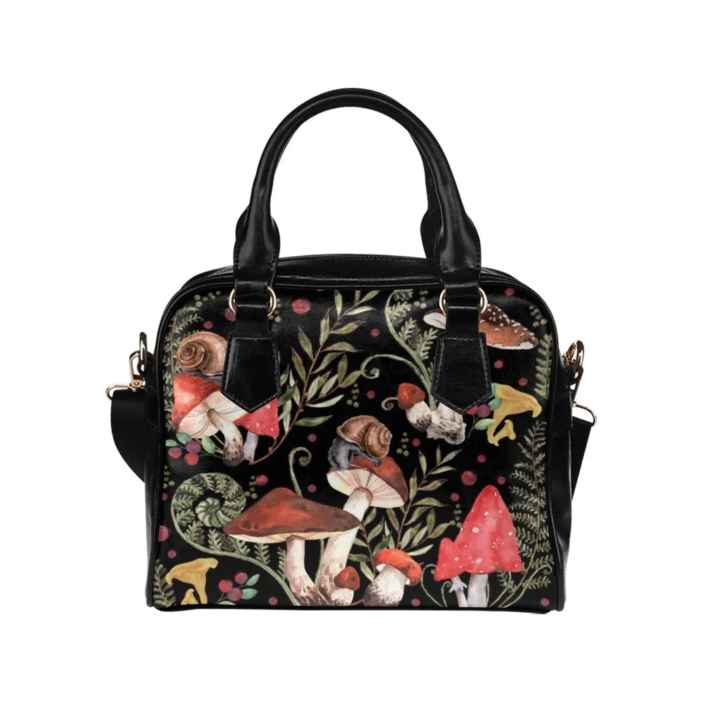 Red Mushrooms Handbag, Black Bowler Bag Purse