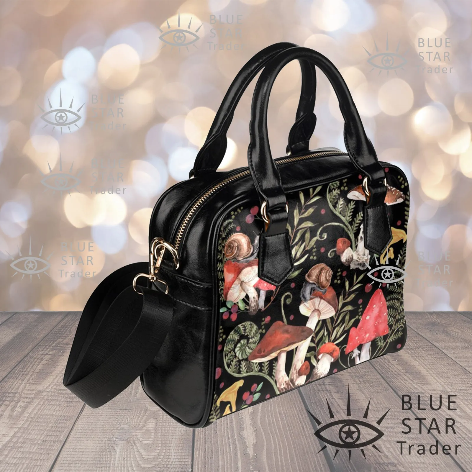 Red Mushrooms Handbag, Black Bowler Bag Purse