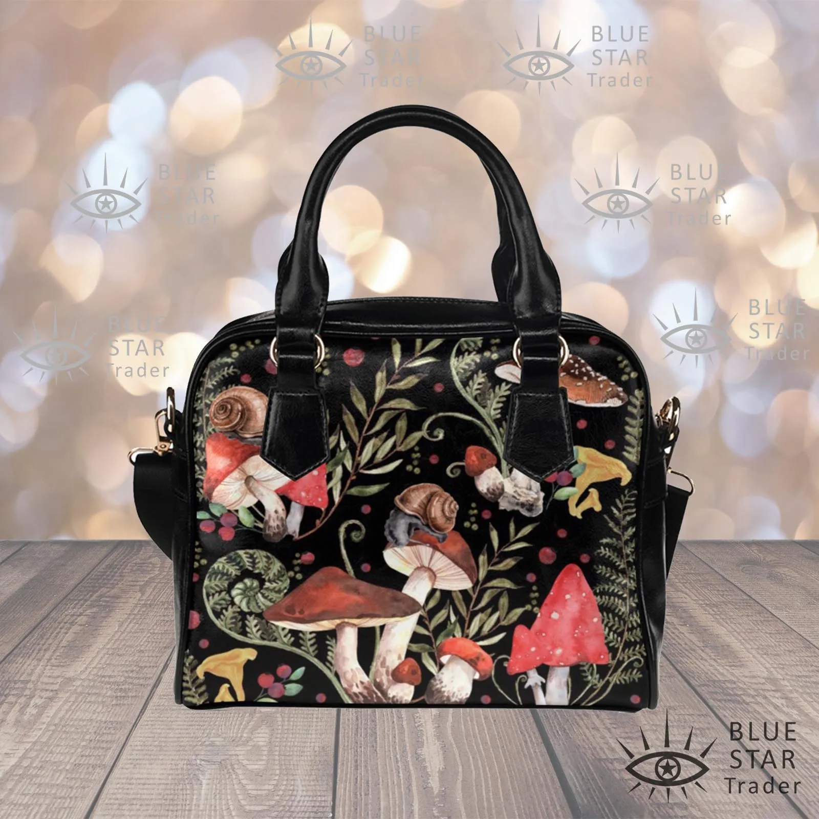 Red Mushrooms Handbag, Black Bowler Bag Purse