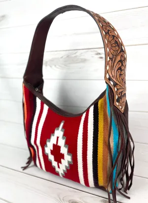 Red, Yellow, TurquoiseCross Wool Pattern Hobo Leather Fringe Handbag