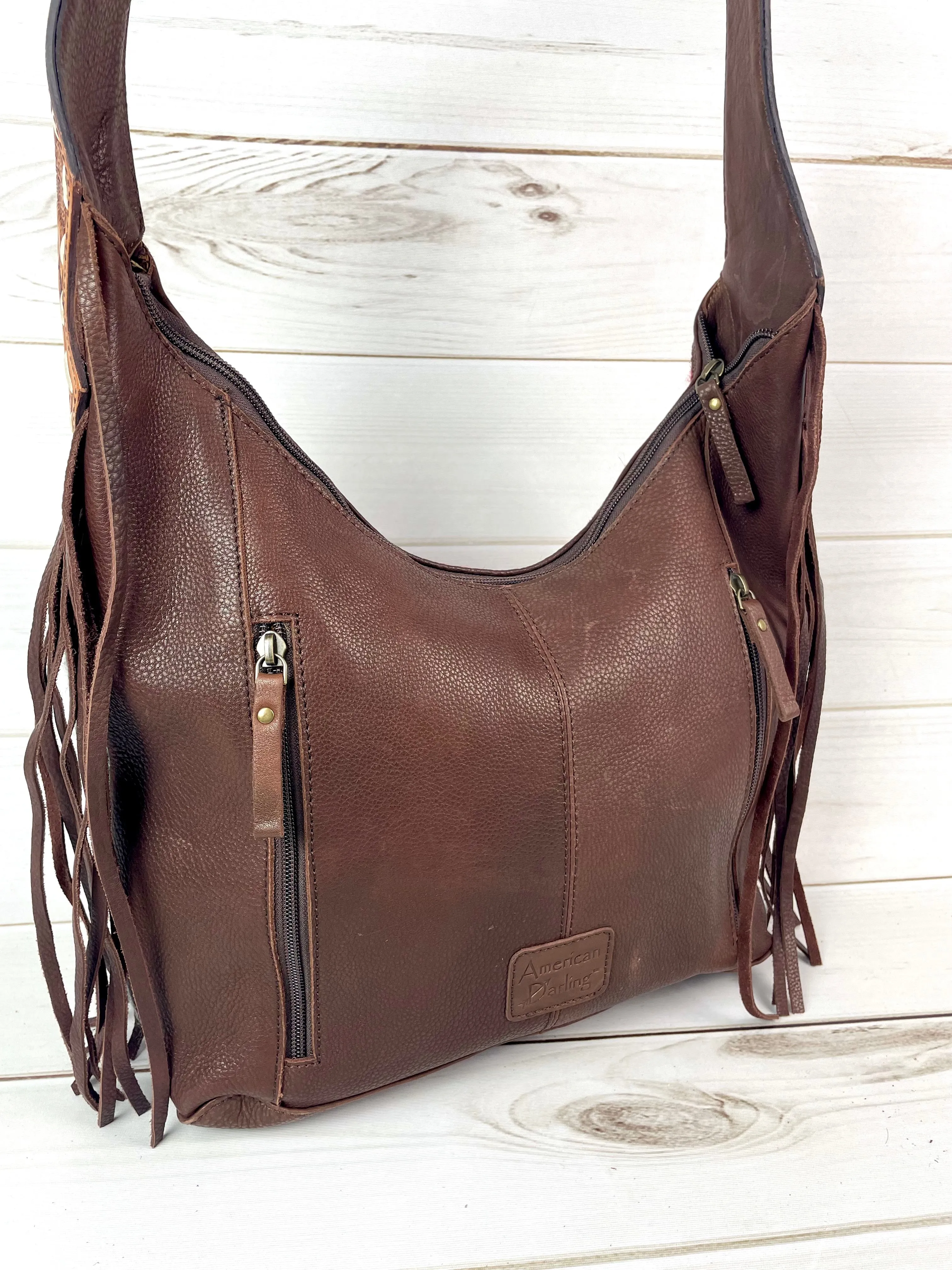 Red, Yellow, TurquoiseCross Wool Pattern Hobo Leather Fringe Handbag