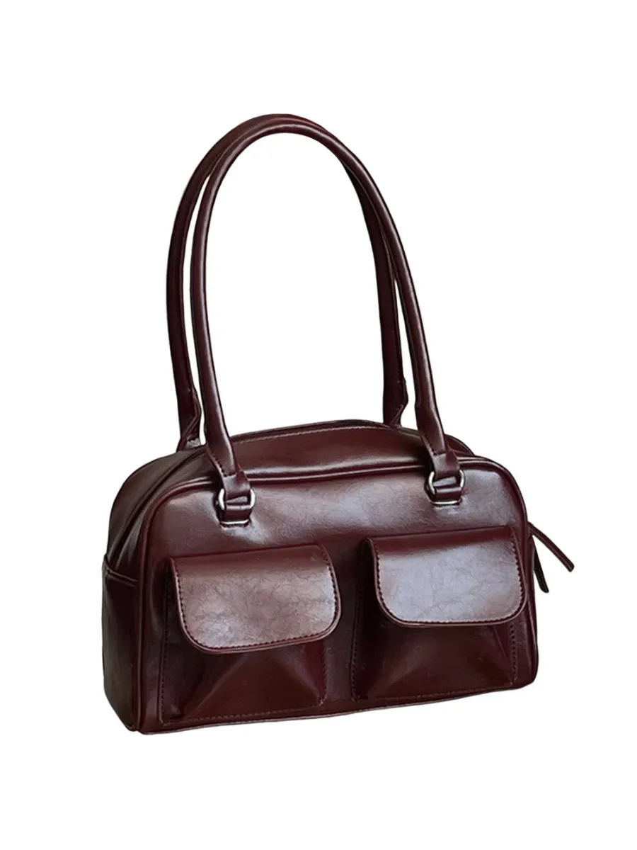 Retro-Inspired Red Hobo Bag with Two Pockets for Women