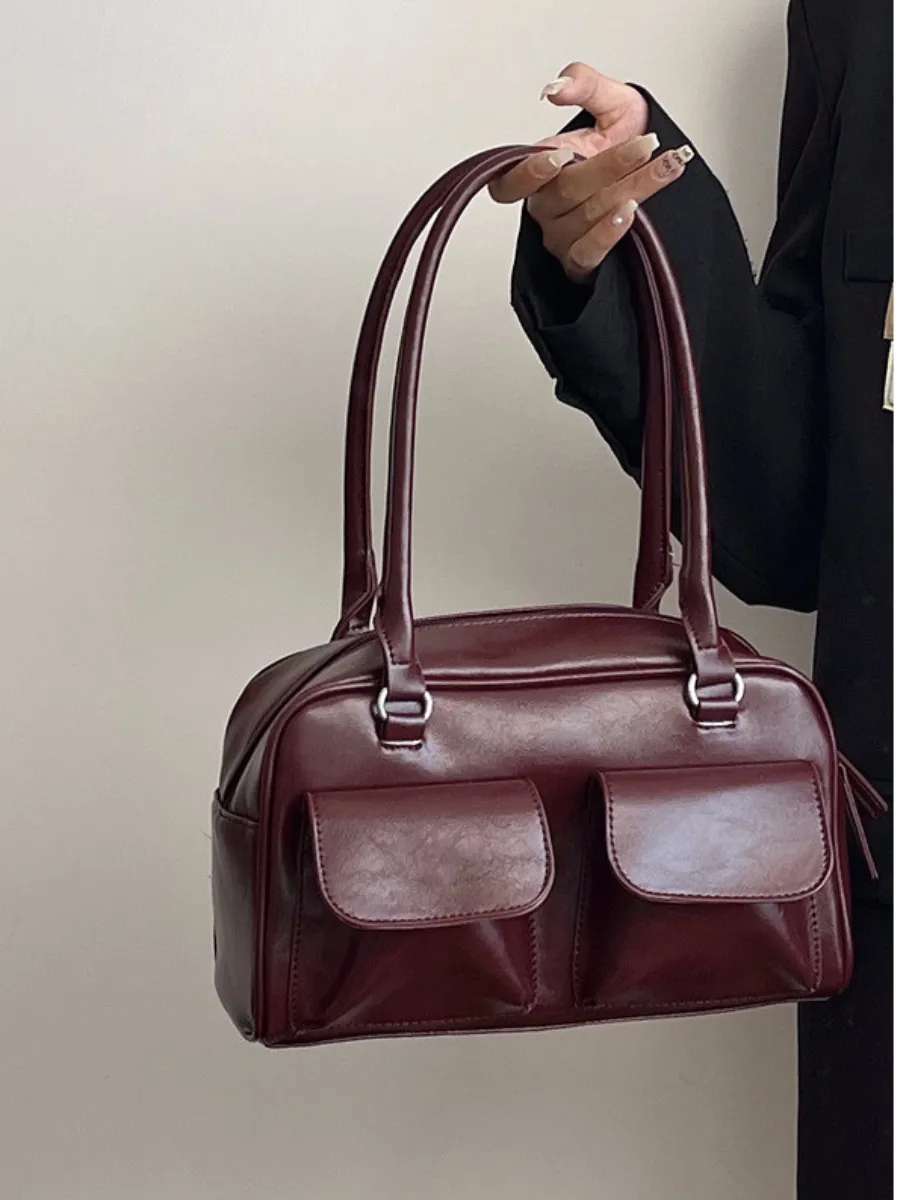 Retro-Inspired Red Hobo Bag with Two Pockets for Women