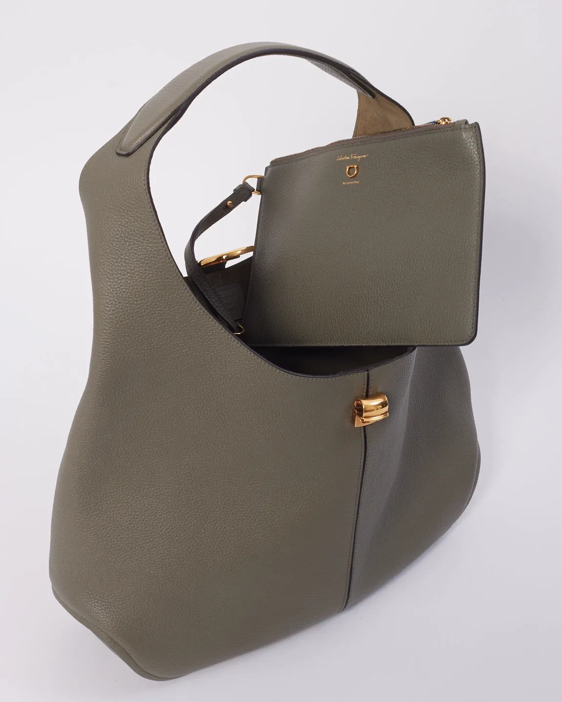 Salvatore Ferragamo Grey Leather Hobo Bag with Gold Buckle