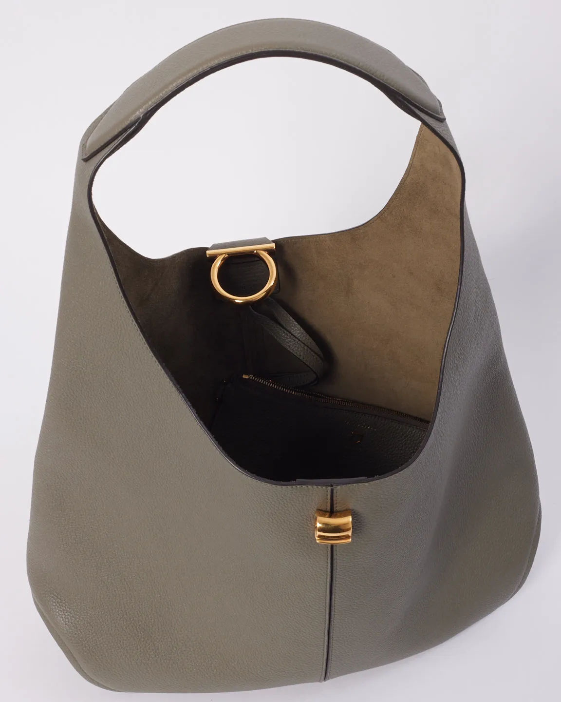 Salvatore Ferragamo Grey Leather Hobo Bag with Gold Buckle