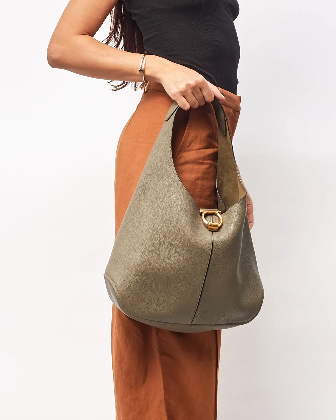 Salvatore Ferragamo Grey Leather Hobo Bag with Gold Buckle