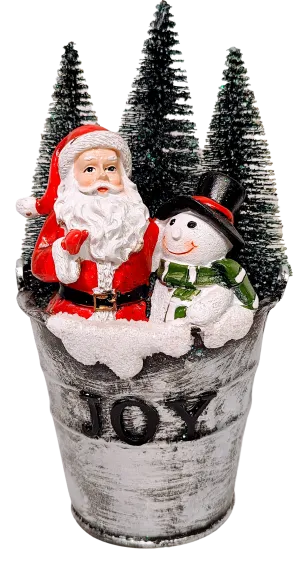 Santa & Snowman in Silver Bucket with Evergreen Trees- Joy