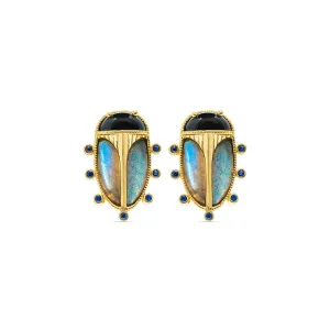 Scarab Clip Earrings - Blue Labradorite/Black Agate