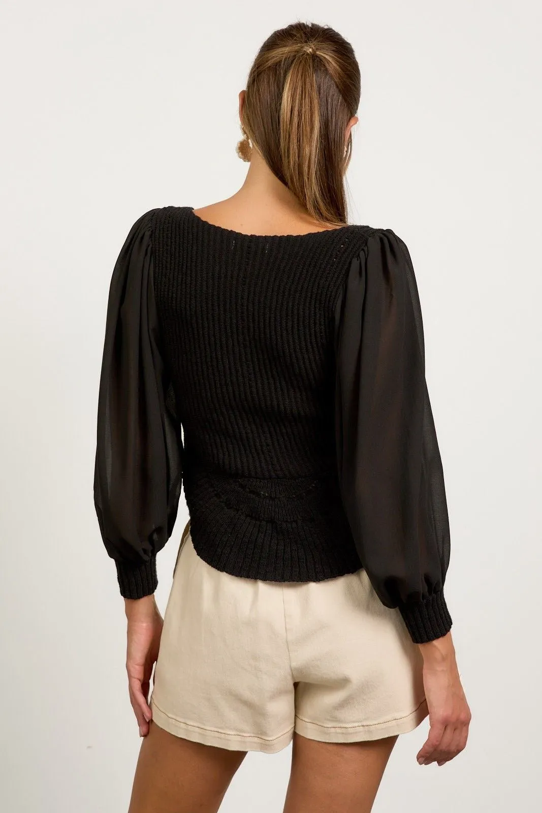 Sheer Sleeve Scalloped Sweater