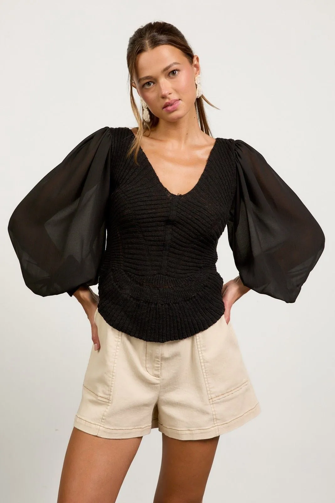 Sheer Sleeve Scalloped Sweater
