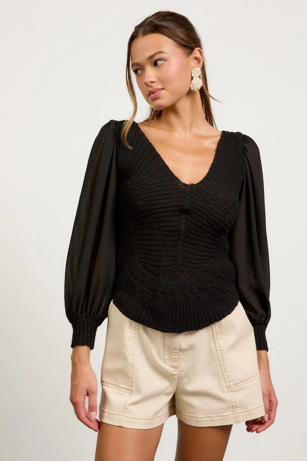 Sheer Sleeve Scalloped Sweater
