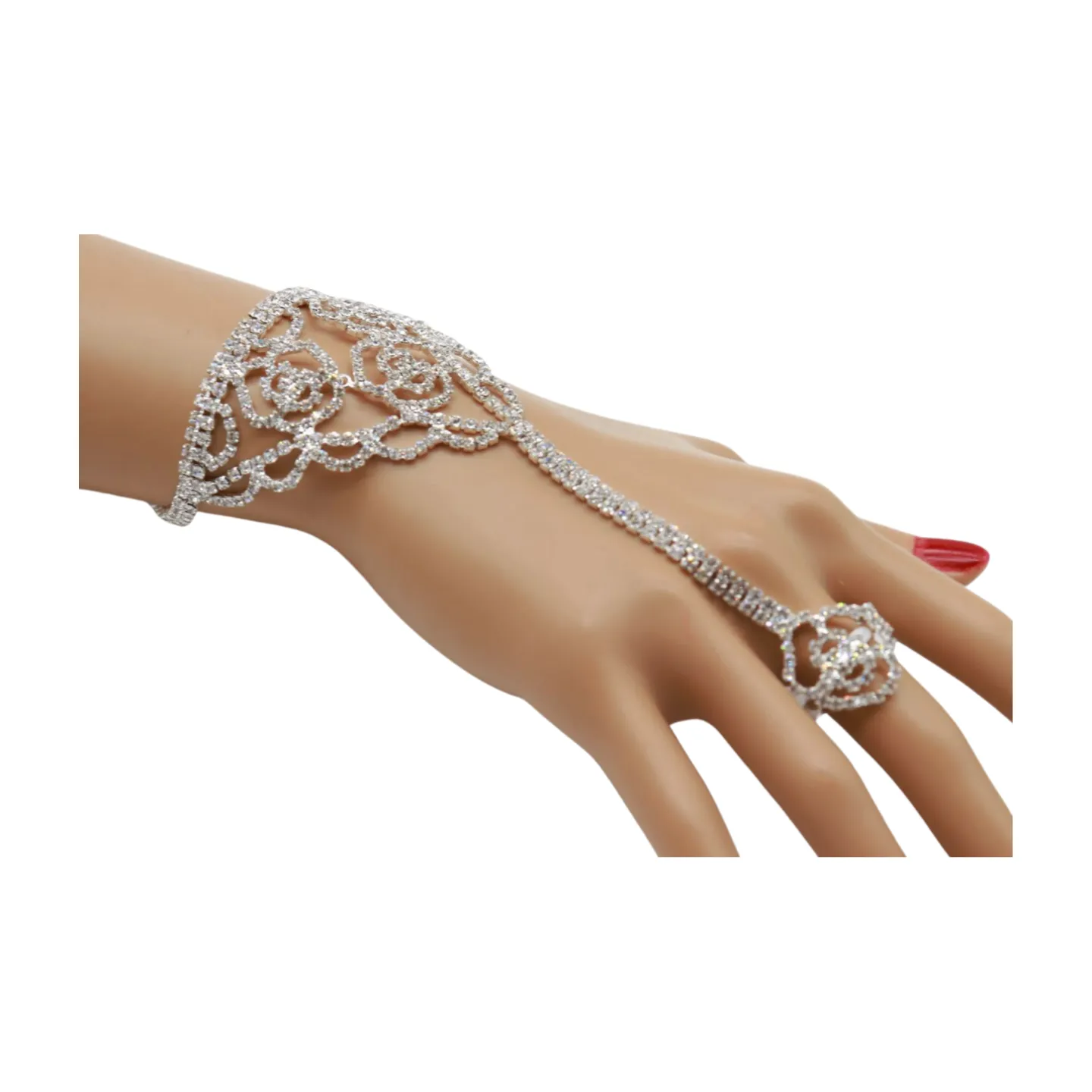 Silver Metal Hand Chain Bracelet Connected Slave Ring Rose Flower