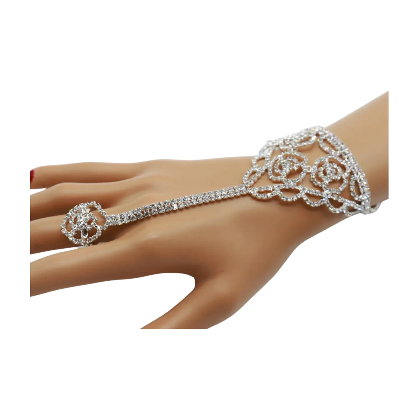 Silver Metal Hand Chain Bracelet Connected Slave Ring Rose Flower