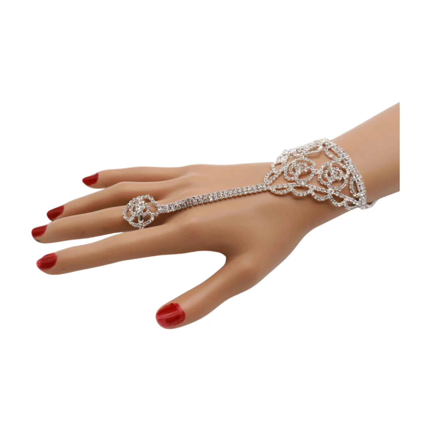 Silver Metal Hand Chain Bracelet Connected Slave Ring Rose Flower