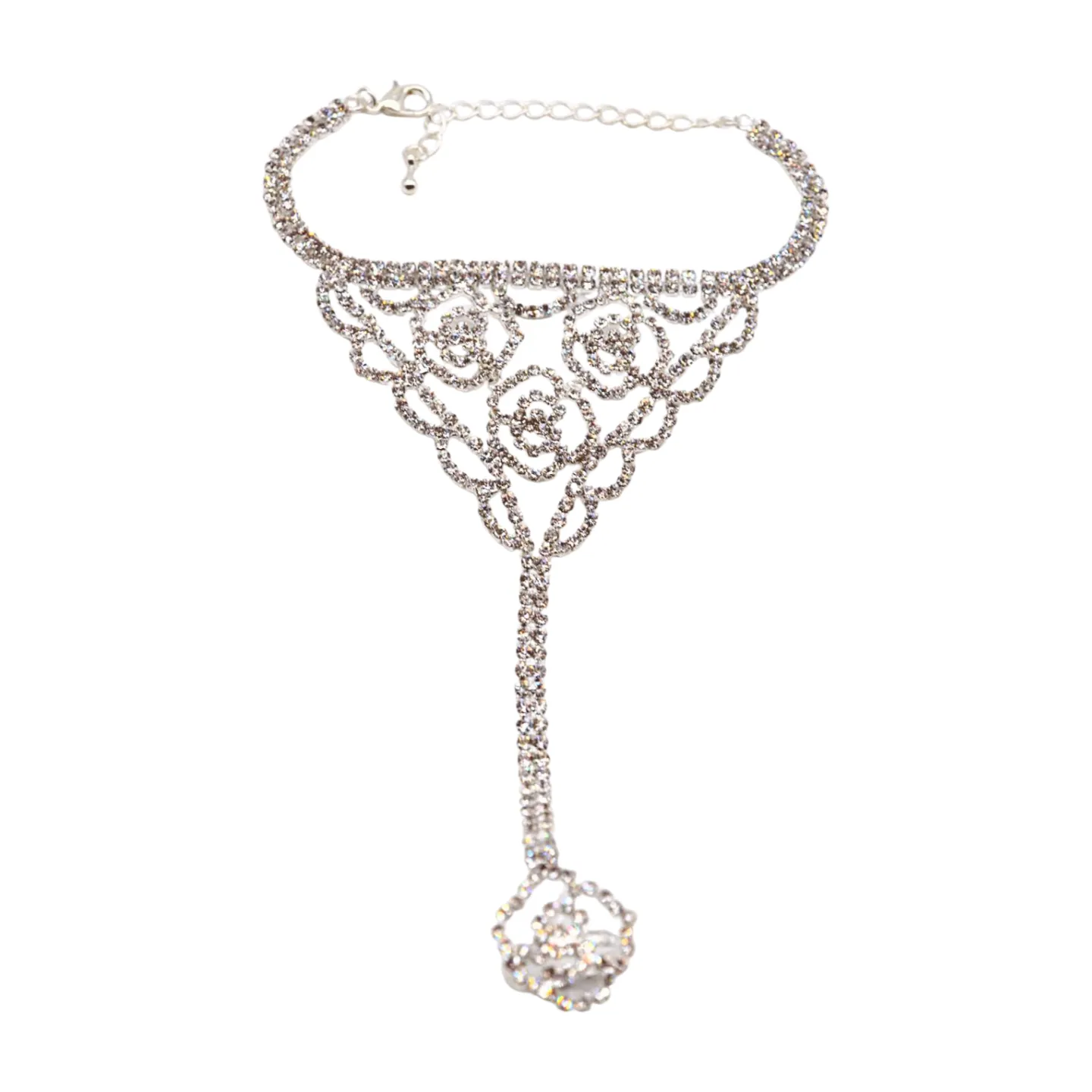 Silver Metal Hand Chain Bracelet Connected Slave Ring Rose Flower