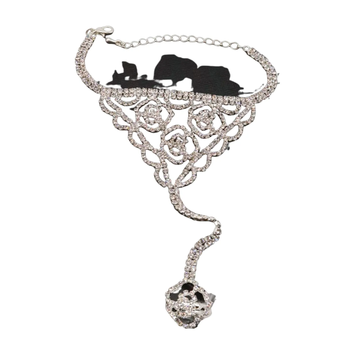 Silver Metal Hand Chain Bracelet Connected Slave Ring Rose Flower