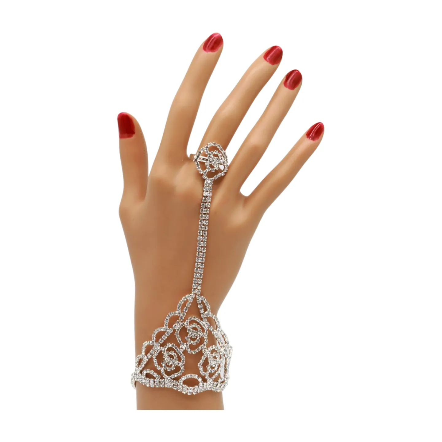 Silver Metal Hand Chain Bracelet Connected Slave Ring Rose Flower