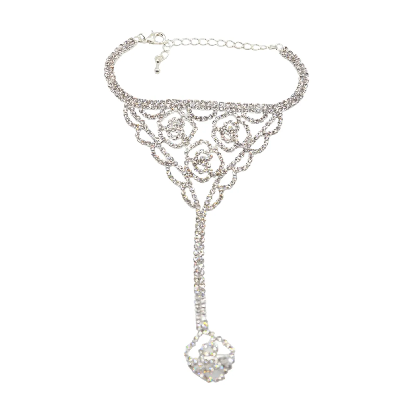 Silver Metal Hand Chain Bracelet Connected Slave Ring Rose Flower