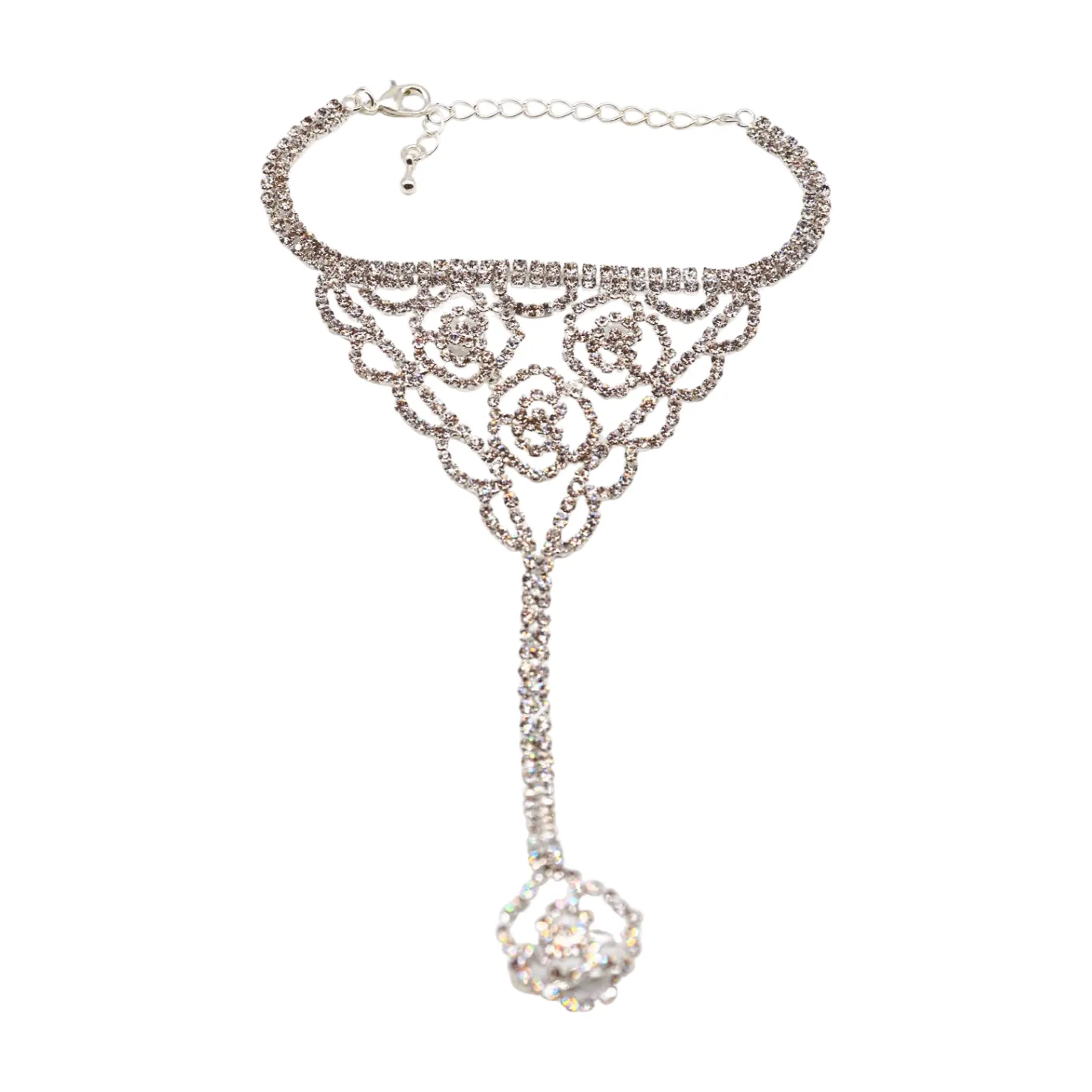 Silver Metal Hand Chain Bracelet Connected Slave Ring Rose Flower