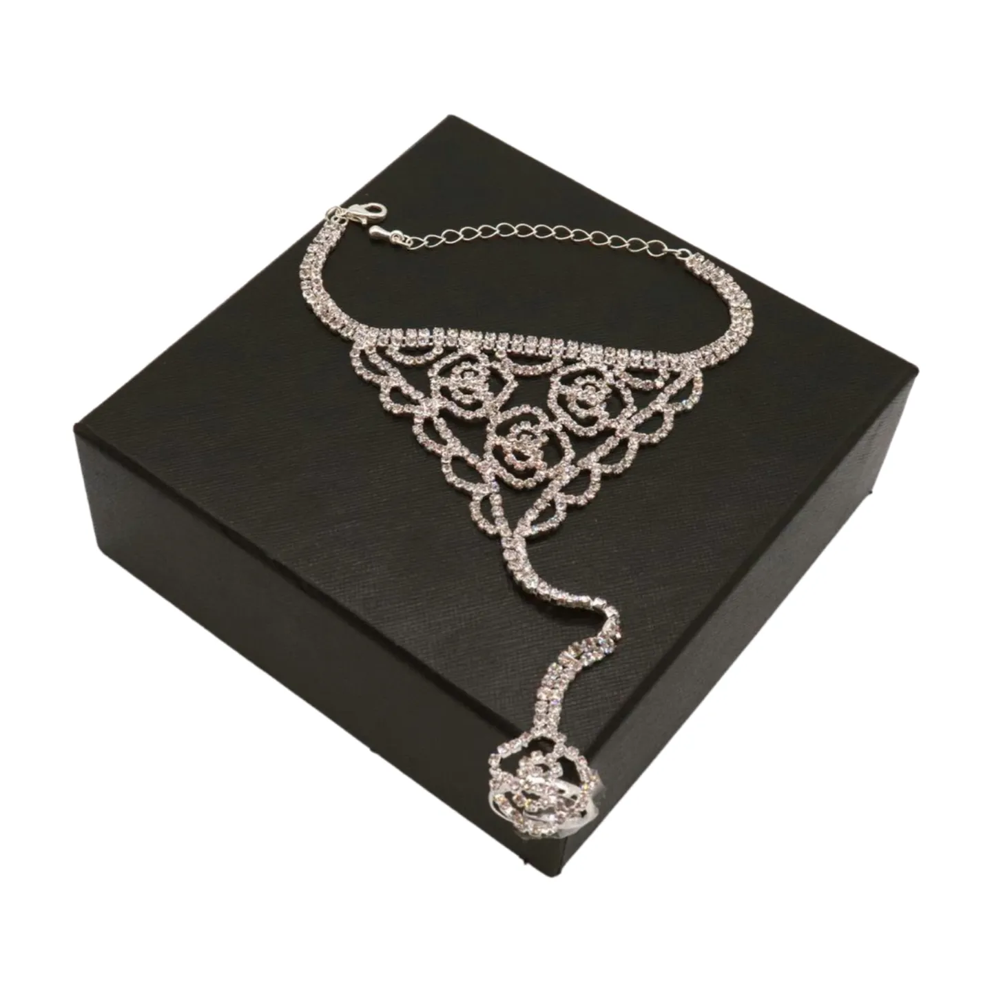 Silver Metal Hand Chain Bracelet Connected Slave Ring Rose Flower
