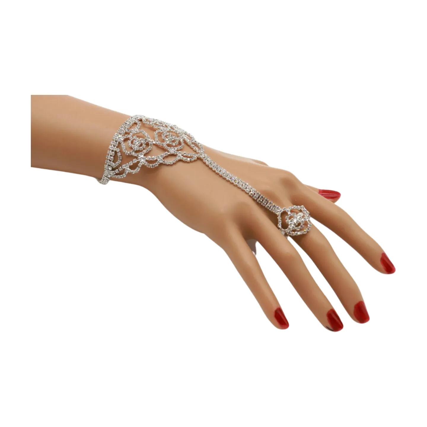 Silver Metal Hand Chain Bracelet Connected Slave Ring Rose Flower