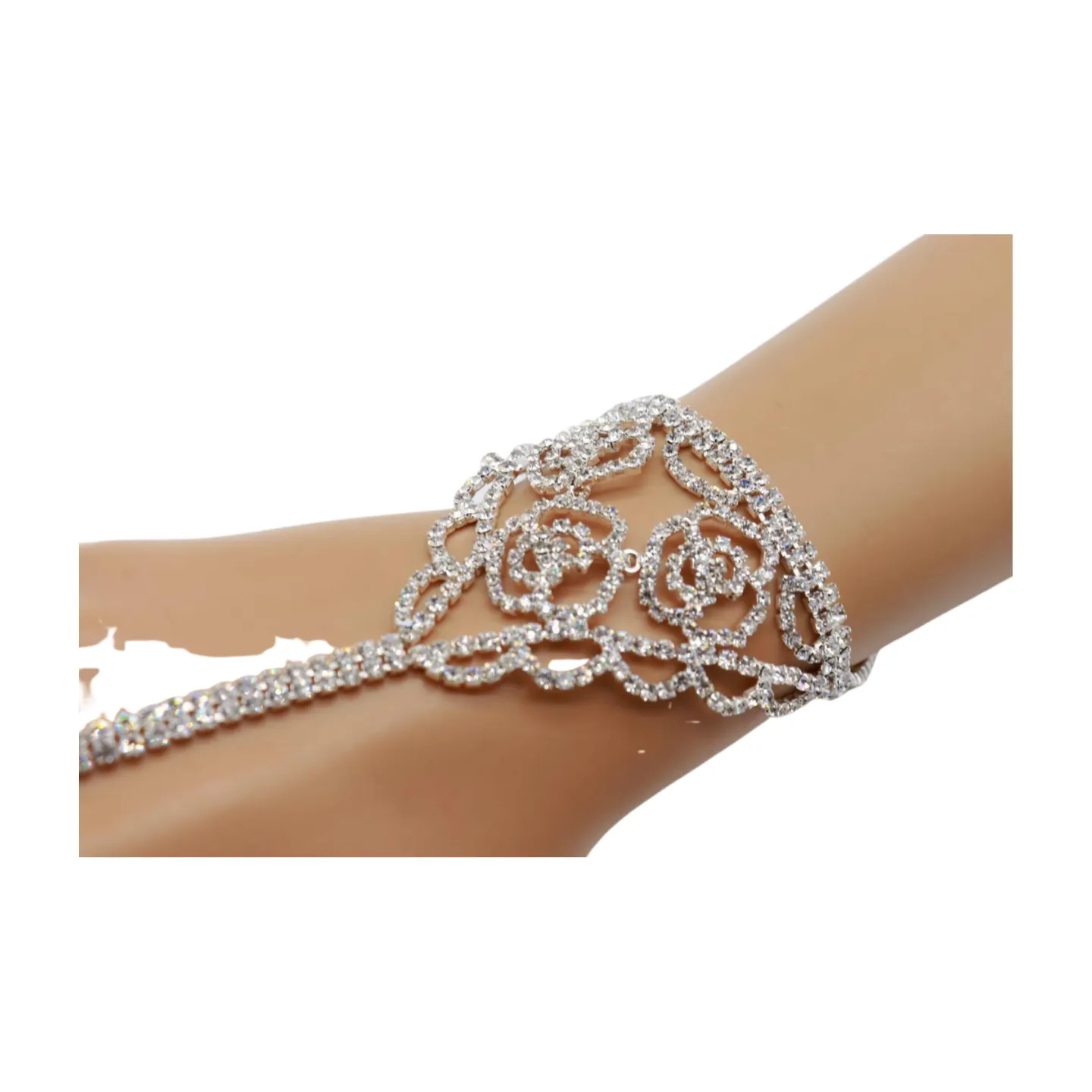 Silver Metal Hand Chain Bracelet Connected Slave Ring Rose Flower