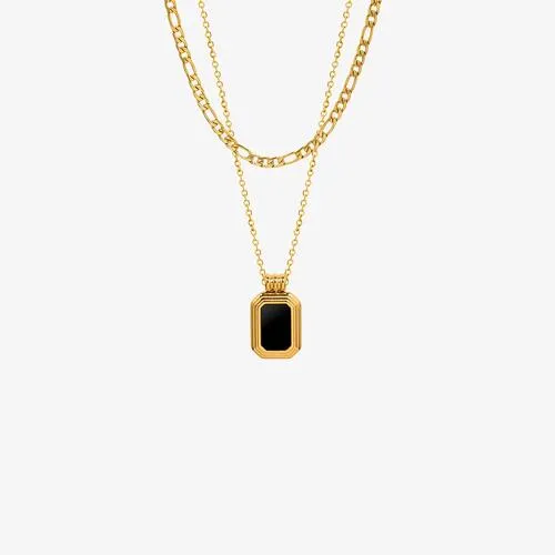 Silver or Gold - Layered Necklace Black Enamel Pendant