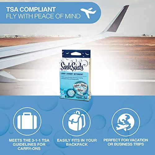 SinkSuds Travel Laundry Detergent Liquid Soap   Odor Eliminator for All Fabrics Including Delicates, (TSA Compliant), 8 Sink-Packets (0.25 fl oz each)