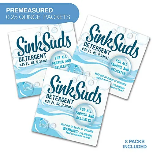SinkSuds Travel Laundry Detergent Liquid Soap   Odor Eliminator for All Fabrics Including Delicates, (TSA Compliant), 8 Sink-Packets (0.25 fl oz each)