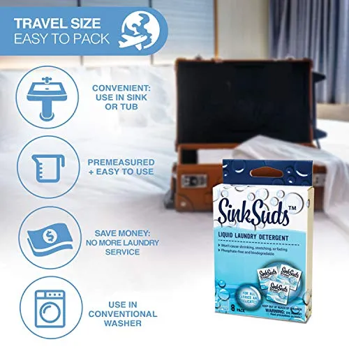 SinkSuds Travel Laundry Detergent Liquid Soap   Odor Eliminator for All Fabrics Including Delicates, (TSA Compliant), 8 Sink-Packets (0.25 fl oz each)