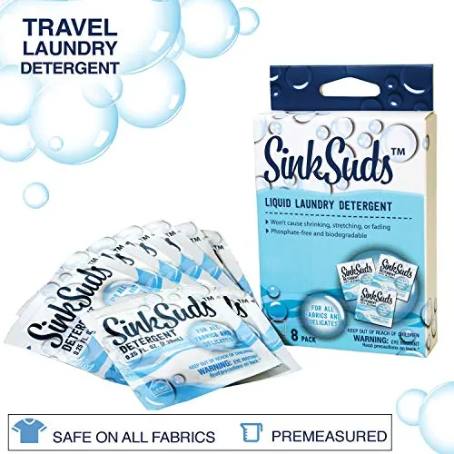 SinkSuds Travel Laundry Detergent Liquid Soap   Odor Eliminator for All Fabrics Including Delicates, (TSA Compliant), 8 Sink-Packets (0.25 fl oz each)