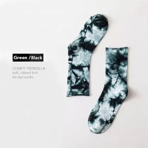 Soft Green/Black Ribbed Knit Tie-Dye Socks