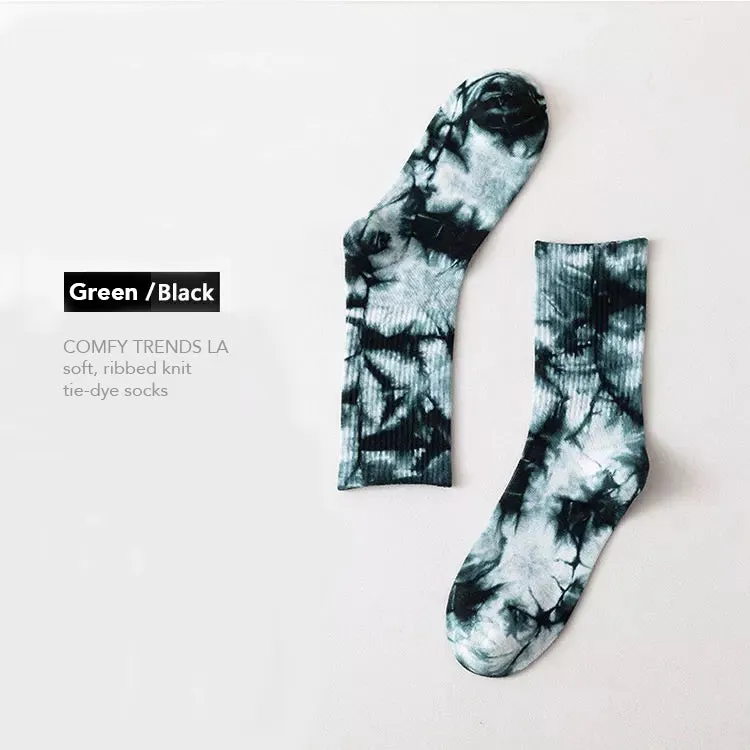Soft Green/Black Ribbed Knit Tie-Dye Socks