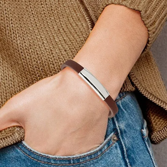 Stainless Steel Brown Leather Fish Hook Closure 8.5 inch ID Bracelet