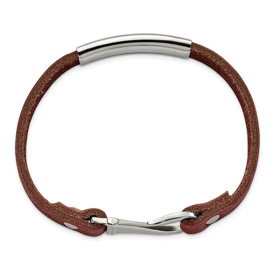 Stainless Steel Brown Leather Fish Hook Closure 8.5 inch ID Bracelet