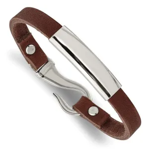 Stainless Steel Brown Leather Fish Hook Closure 8.5 inch ID Bracelet