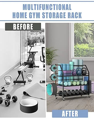 Staransun Home Gym Storage Rack - Weight Rack for Dumbbells - Yoga Mat Storage Rack with Two Extra Side Storage Space - Garage Storage with Caster Wheels - Workout Equipment Organizer - Easy to Assemble