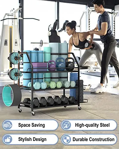 Staransun Home Gym Storage Rack - Weight Rack for Dumbbells - Yoga Mat Storage Rack with Two Extra Side Storage Space - Garage Storage with Caster Wheels - Workout Equipment Organizer - Easy to Assemble