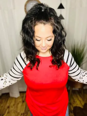 STRIPED ANIMAL PRINT COLOR BLOCK LONG SLEEVE Top