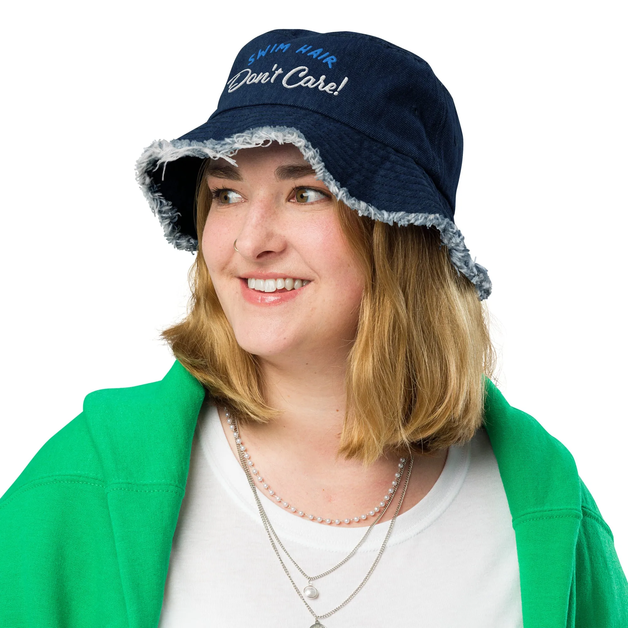 Swim Hair Don't Care Distressed Denim Bucket Hat