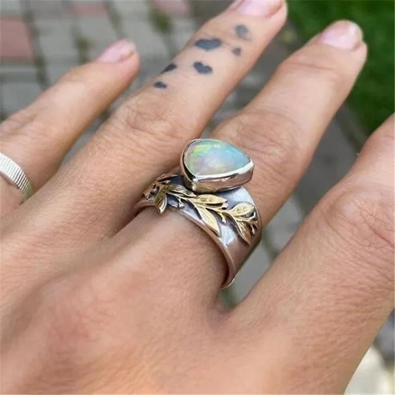 Trendy Moon Opal Heart Ring For Women Leaf Party Anniverssary Jewelry