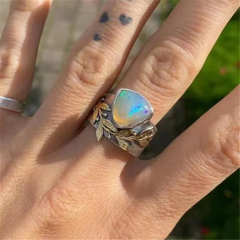 Trendy Moon Opal Heart Ring For Women Leaf Party Anniverssary Jewelry
