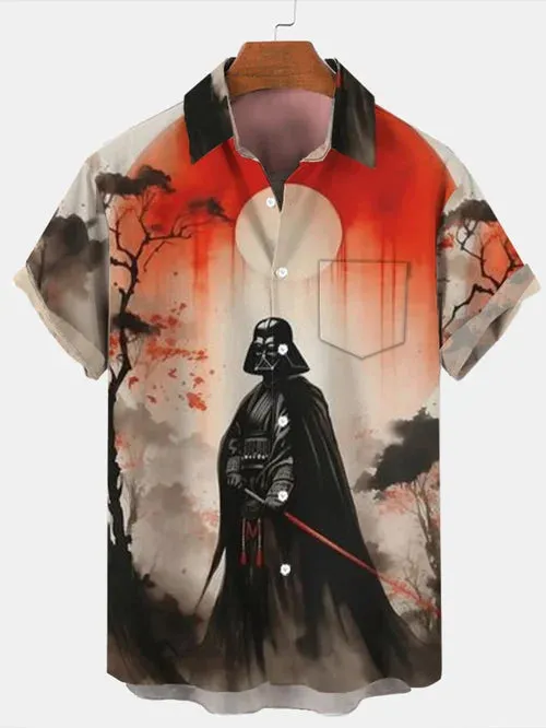 Trendy Samurai Print Short Sleeve Shirt