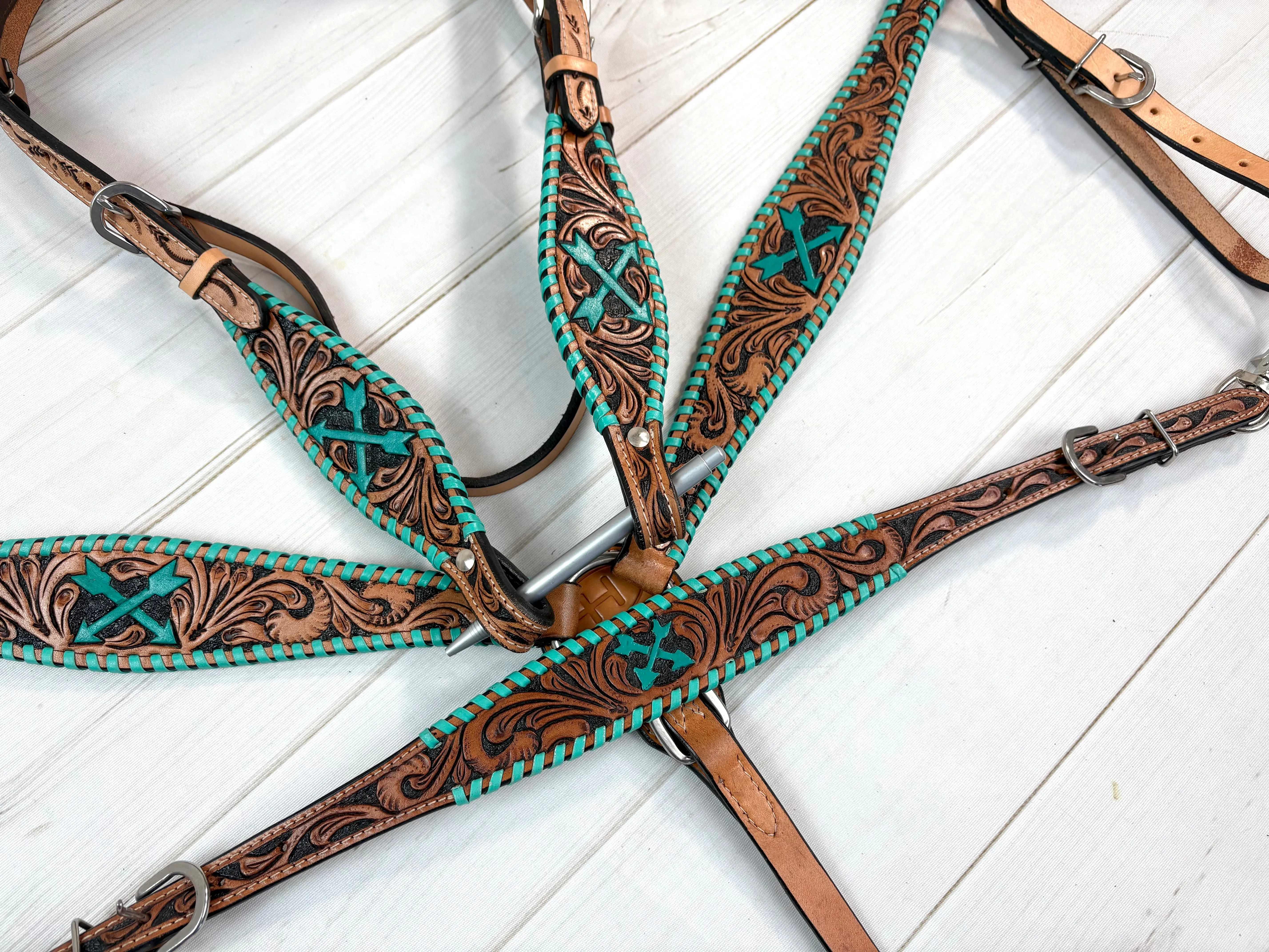 Turquoise Arrow Whipstitch Leather Tooled Tack Set
