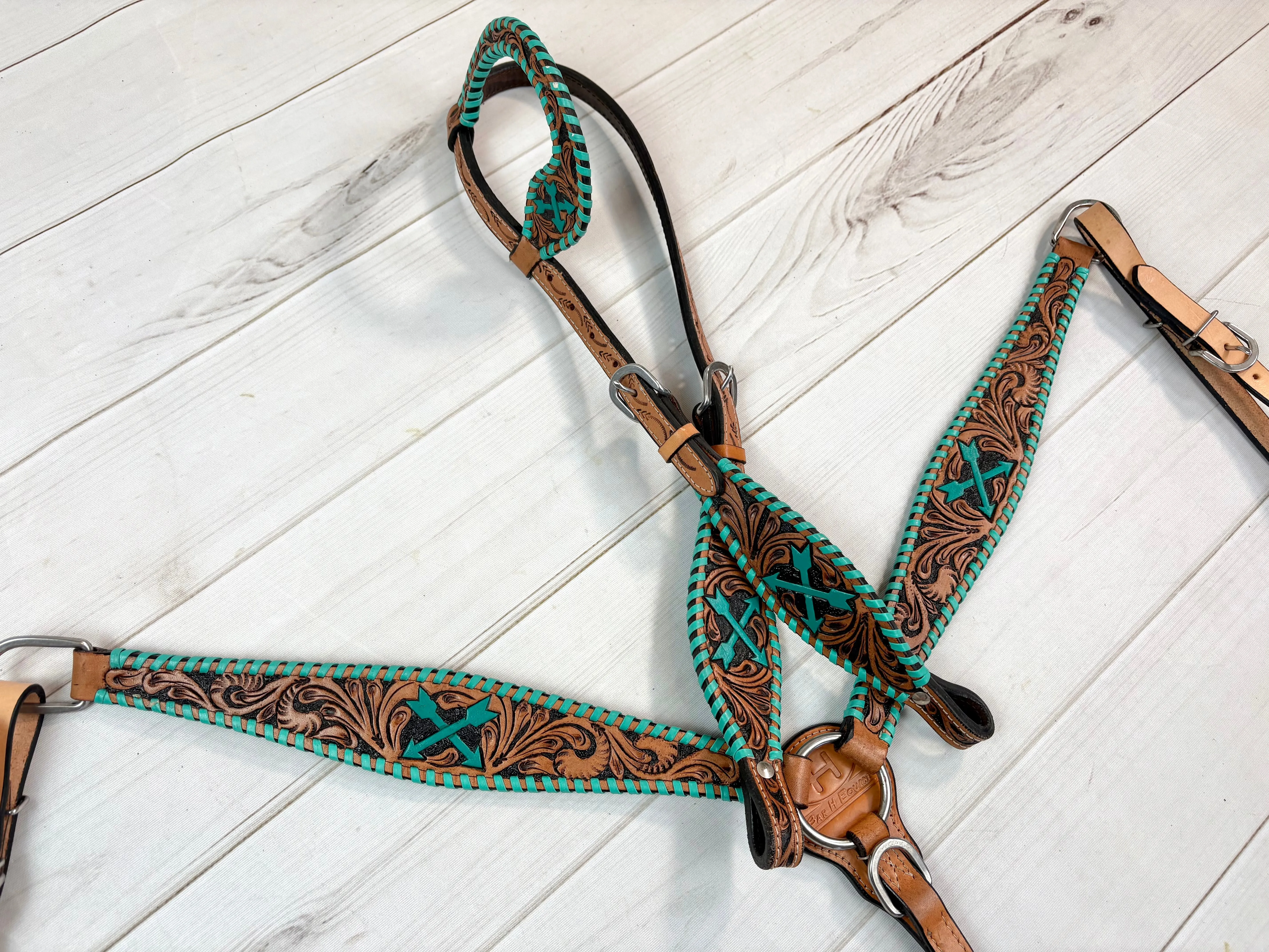 Turquoise Arrow Whipstitch Leather Tooled Tack Set