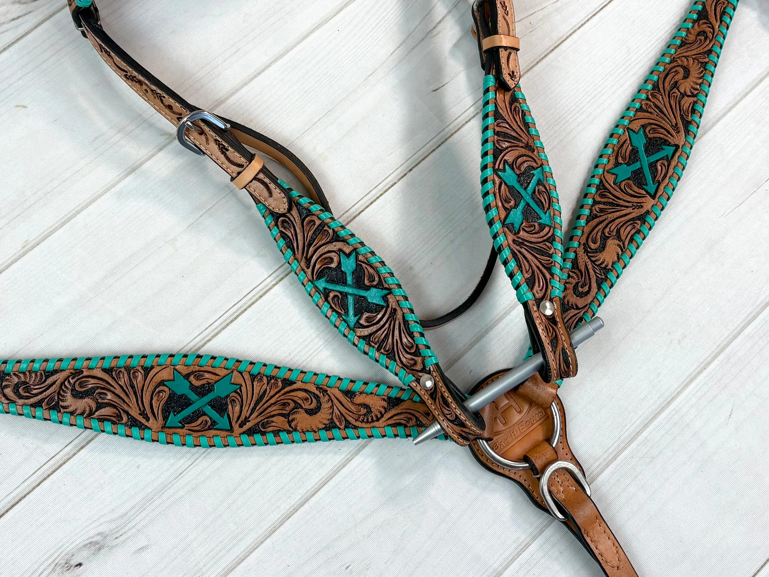 Turquoise Arrow Whipstitch Leather Tooled Tack Set